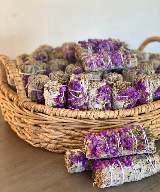 White Sage Smudge Sticks with Purple Flowers in Bulk